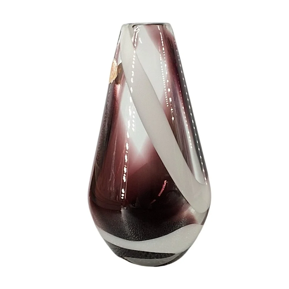 Vintage Art Glass Bud Vase Purple White Swirl Teardrop Sommerso Style 6.25